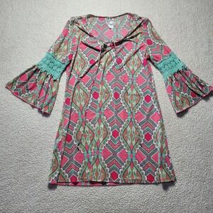 Honeyme Los Angeles Pink Teal Paisley Crochet Bell Sleeve Tunic Top Women Medium